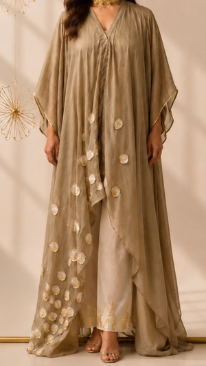 Golden Collage Chanderi asymmetrical tunic and pants with peacock-feather patchwork and gold foil detailing