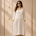 Ivory Set with off-white Chanderi tunic, shirred Dola silk top and golden balloon pants
