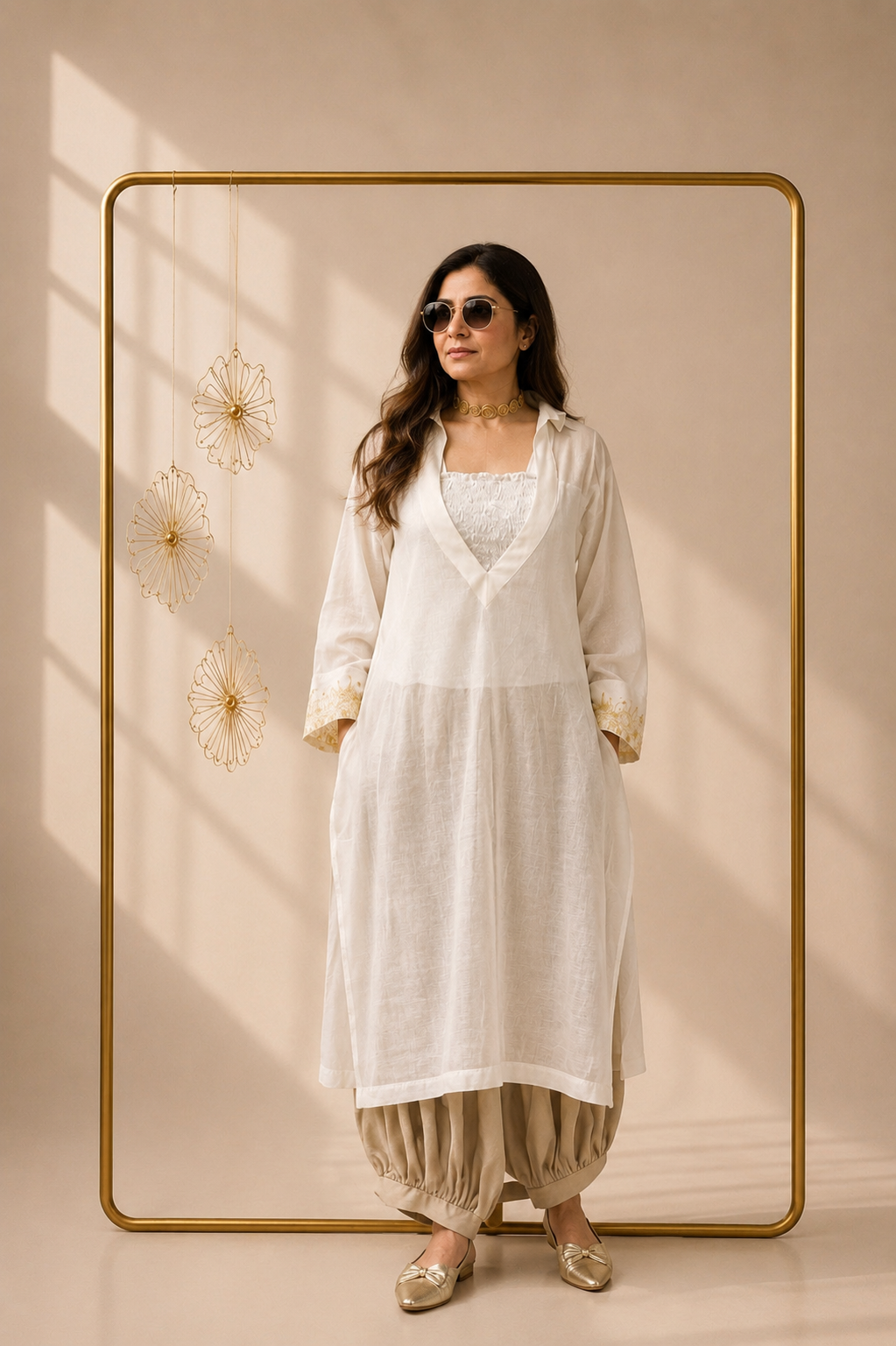 Ivory Set with off-white Chanderi tunic, shirred Dola silk top and golden balloon pants