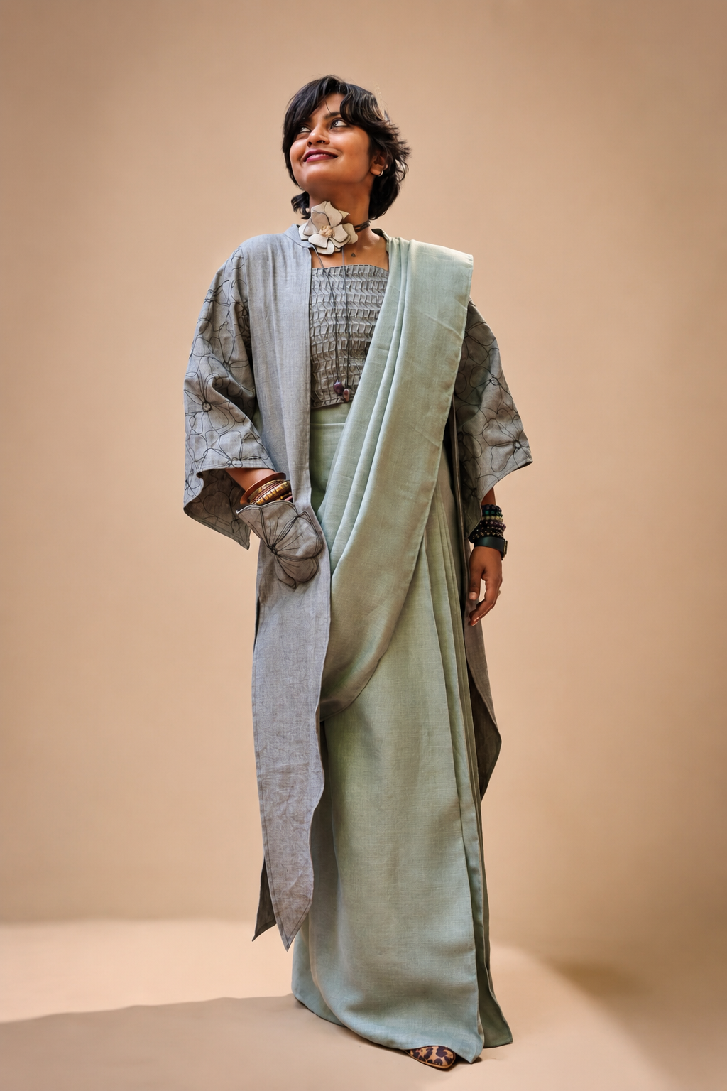 Sage linen saree