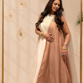 Gilded Contrast half-and-half Chanderi dress with peacock-feather gold foil motif on neckline