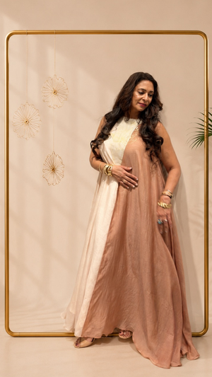 Gilded Contrast half-and-half Chanderi dress with peacock-feather gold foil motif on neckline