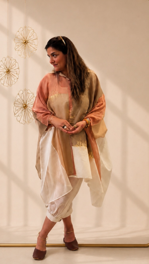 Auric Afghan Set with colour-blocked collared tunic, Afghan pants and abstract gold foil detailing