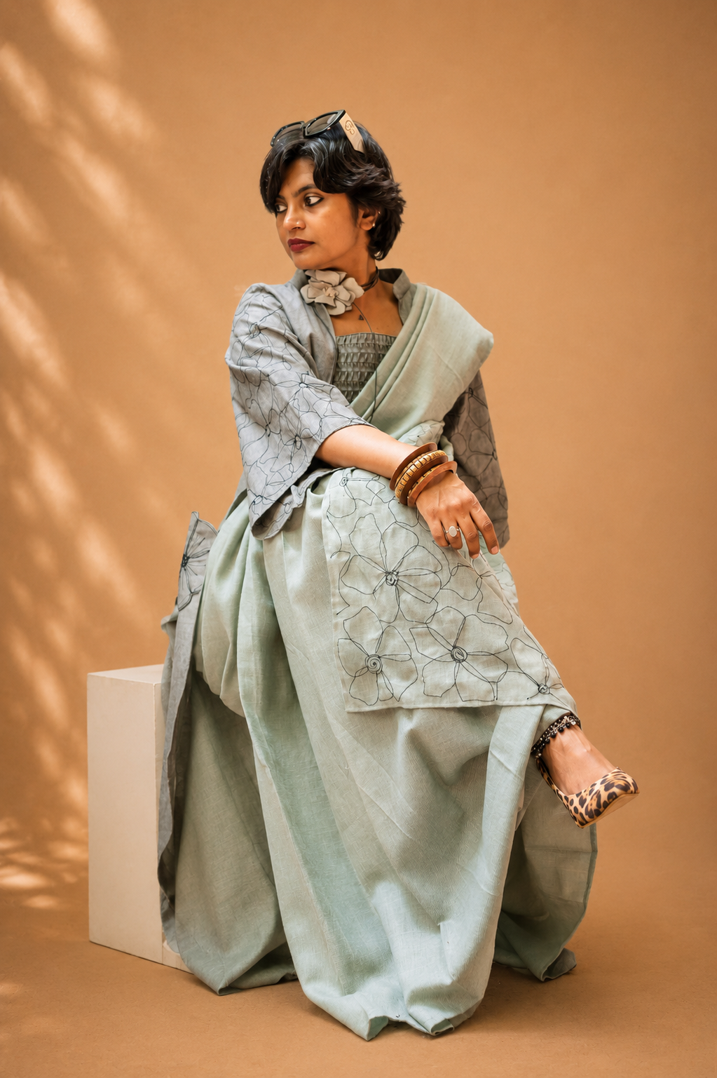 Sage linen saree