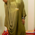 Elegant party
wear gown
for women
with sculpted
drapes and cowls