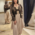 Eclipse shimmer crepe dhoti pants with geometric colour-blocked top and open-back brocade jacket from the Noorè collection