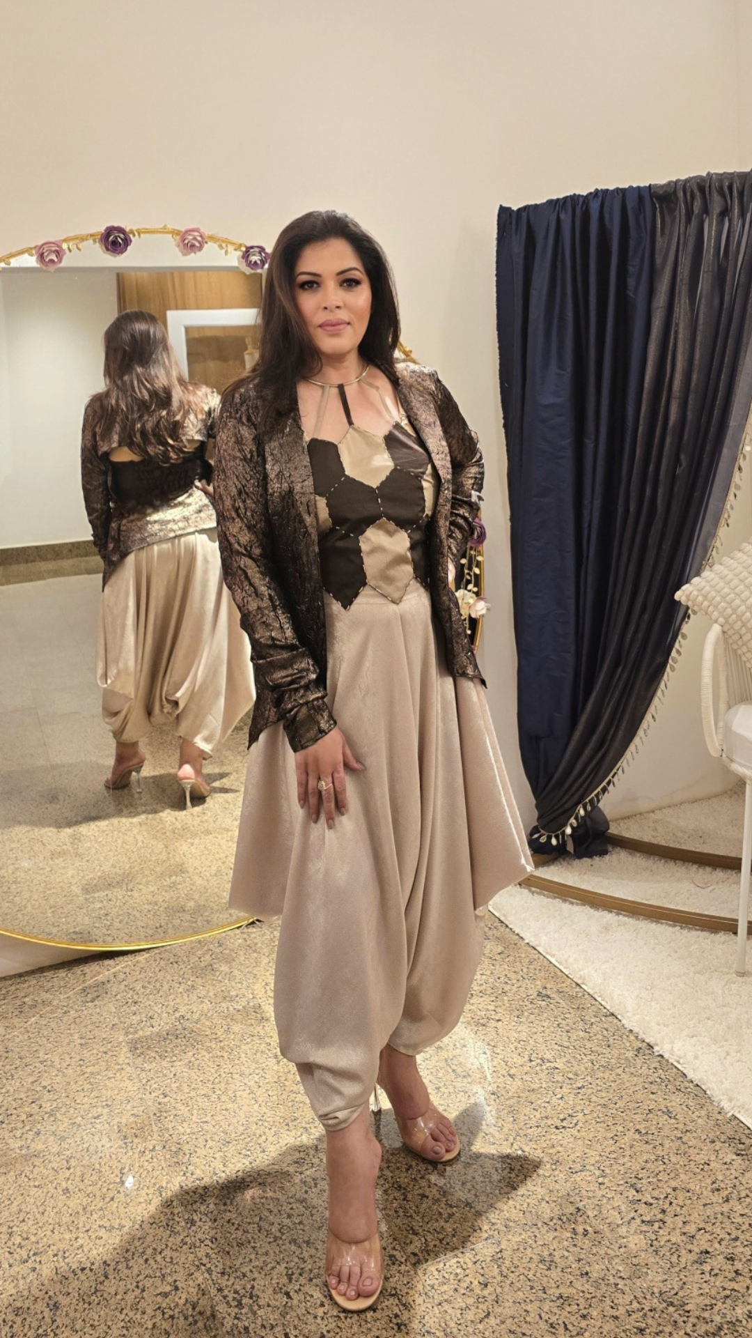 Eclipse shimmer crepe dhoti pants with geometric colour-blocked top and open-back brocade jacket from the Noorè collection