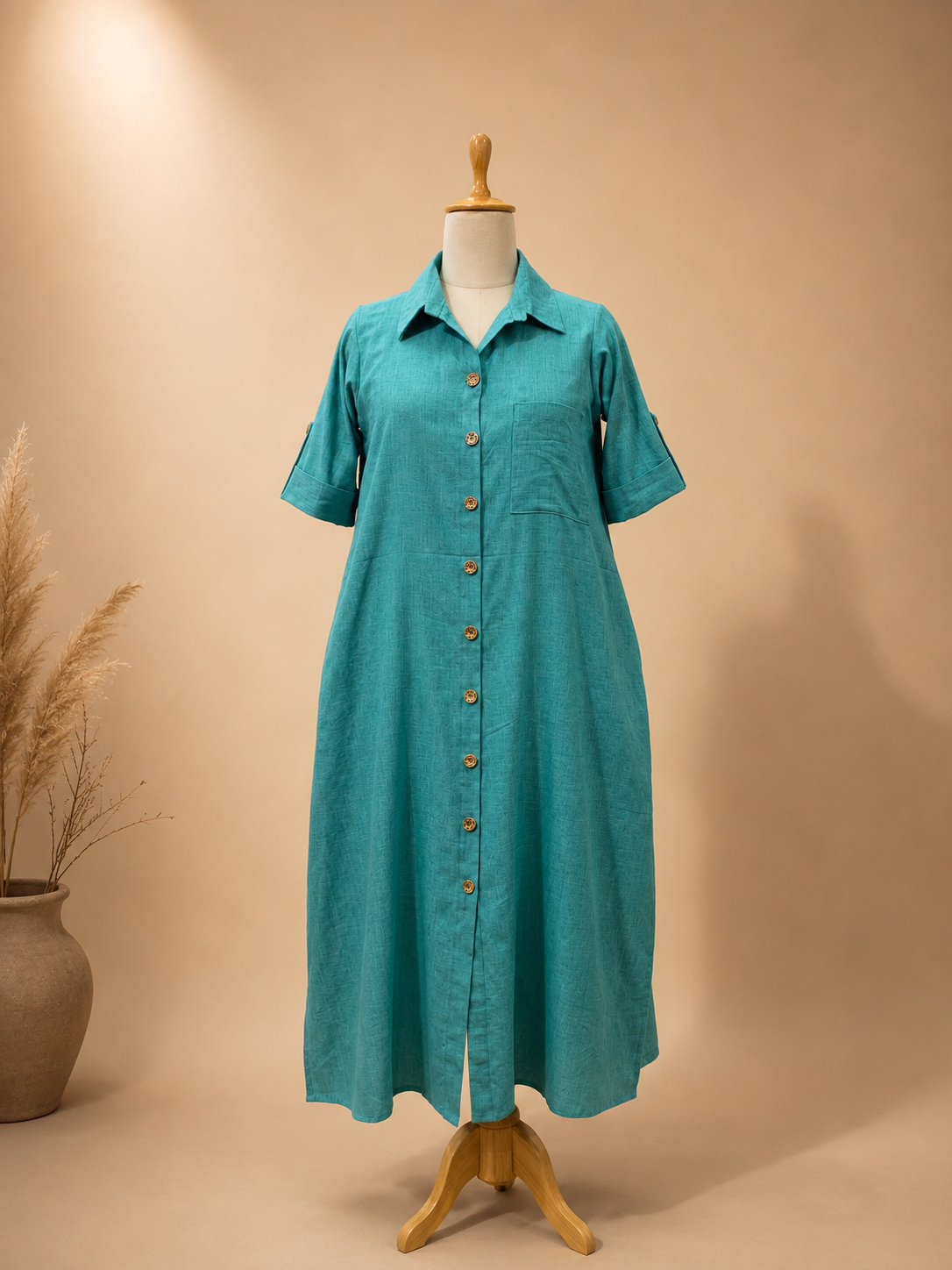 Turquoise khadi long shirt dress featuring wooden button detailing and a relaxed contemporary silhouette by Bohe by NAM.