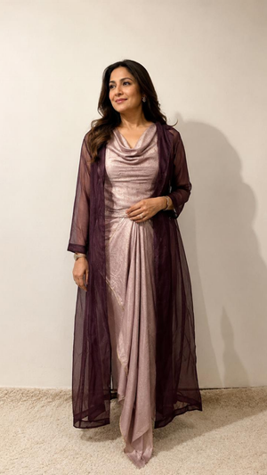 Rêverie shimmer crepe draped skirt with glass-beaded cowl top and wine organza panel jacket from the Noorè collection