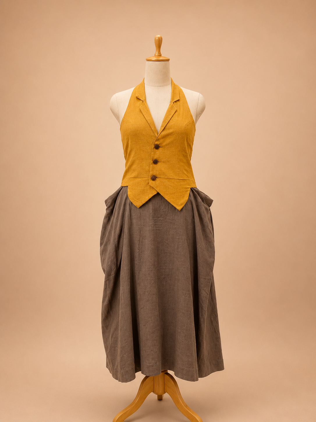 Mustard waistcoat paired with a brown khadi skirt featuring side cowl pockets and a contemporary artisanal silhouette by Bohe by NAM.